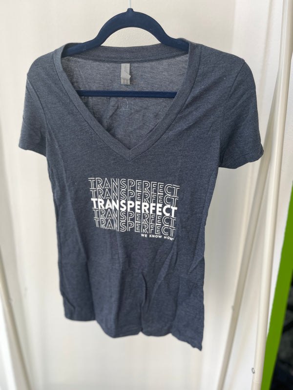 V-Shirt: Dark Blue/Grey TransPerfect V-Neck T-Shirt (Women's)
