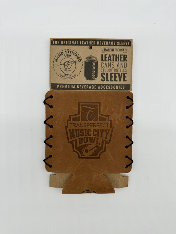 Tan MCB leather sleeves for cans